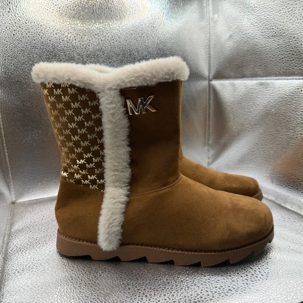 Size 5 Michael Kors Kaysen Winter Fur Logo Brown Girls Mid Calf‎ Zipper Boots